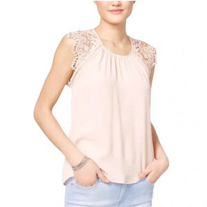 ZARA | Women's Light Pink Scoop Neck Crochet Sleeve Chiffon Top Size M